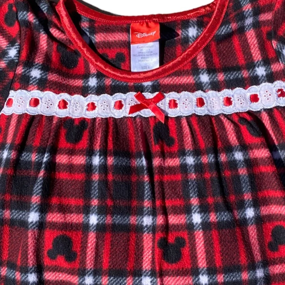 Disney Nightgown Lace Trim Bow Nightshirt Mickey Mouse Buffalo Plaid Tartan Red